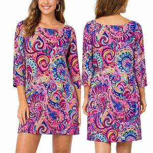 Lilly Pulitzer Sophie Dress UPF 50+ Psychedelic Sunshine Womens L Quarter Sleeve